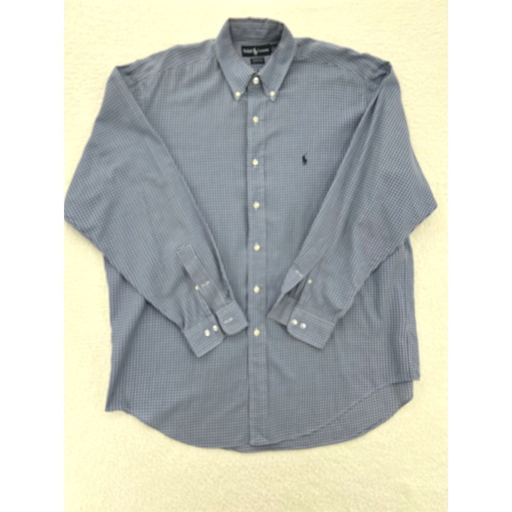 Ralph Lauren Yarmouth Mens Blue Micro Check Button Down Shirt 16.5 34/35 Cotton